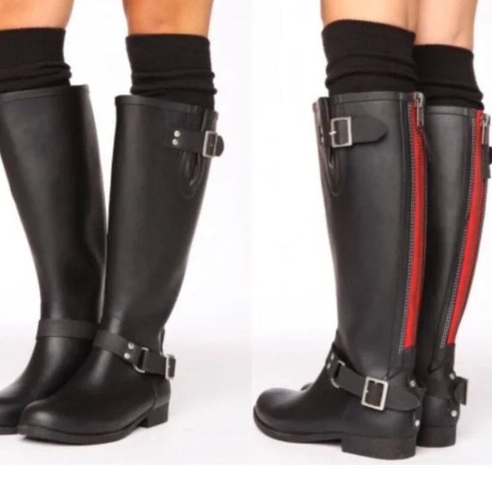 STEVE MADDEN - Rain Riding Boots – Black with Red Back Zipper